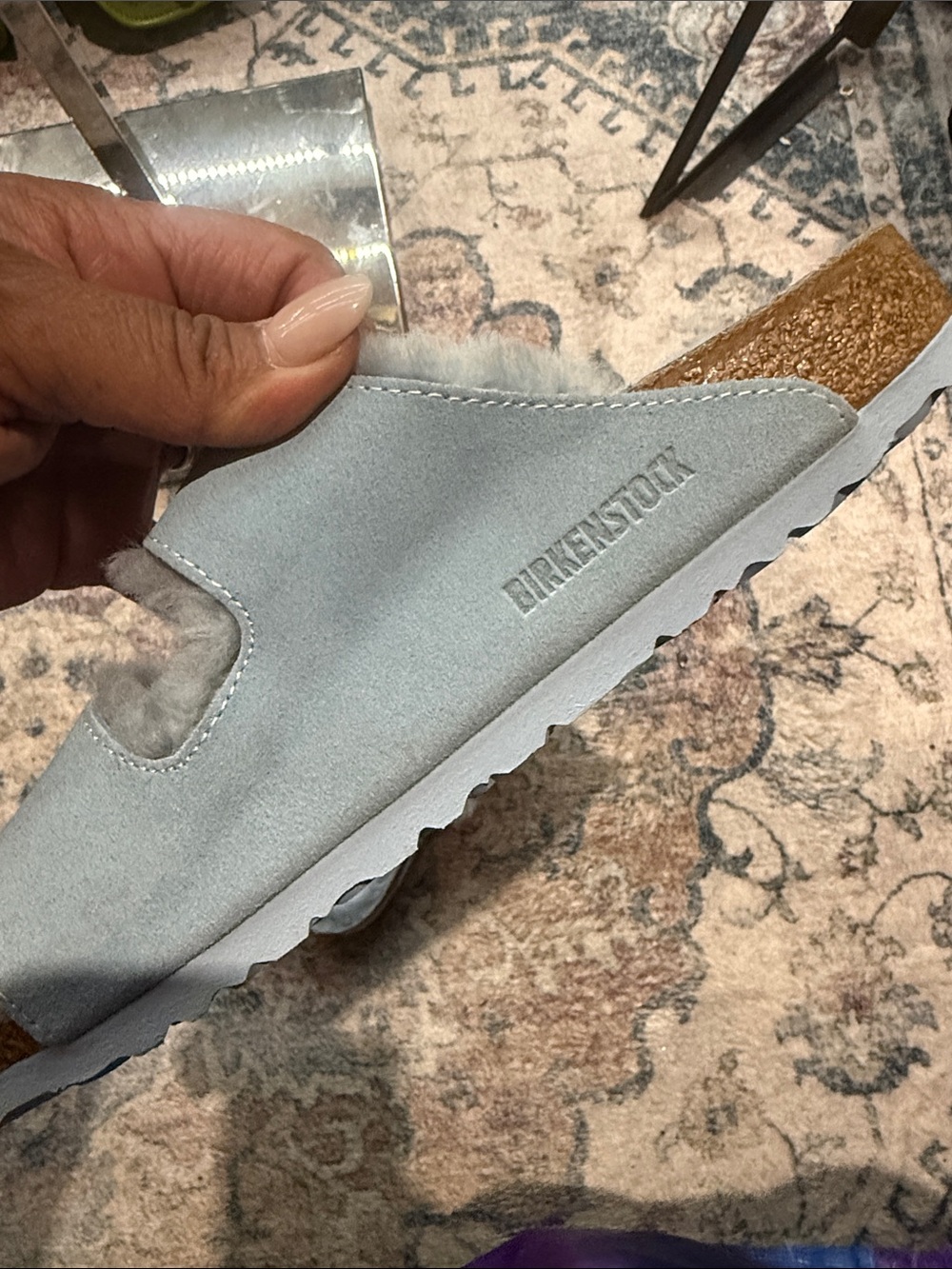 Birkenstock Silver-Gray Faux Fur Double Buckle Slides New - Picture 9 of 9